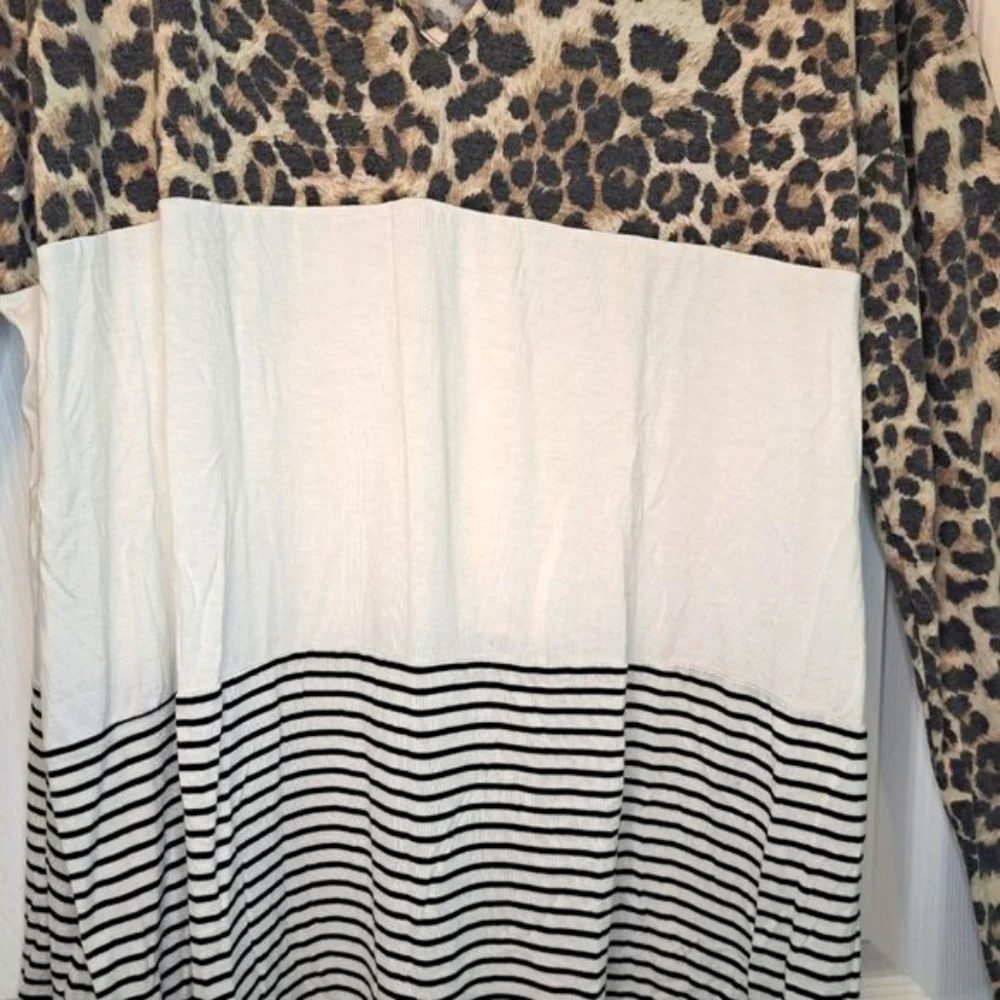 Heimish USA Leopard Colorblock Strappy Neck Long Sleeved Shirt Plus Size 3X
